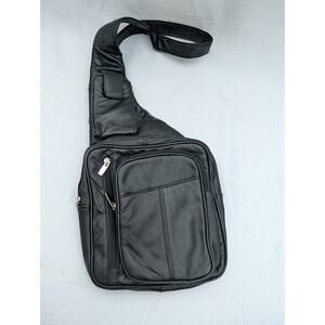 Leather Black‎ Sling Messenger Unisex Backpack Shoulder Travel Bag Crossbody